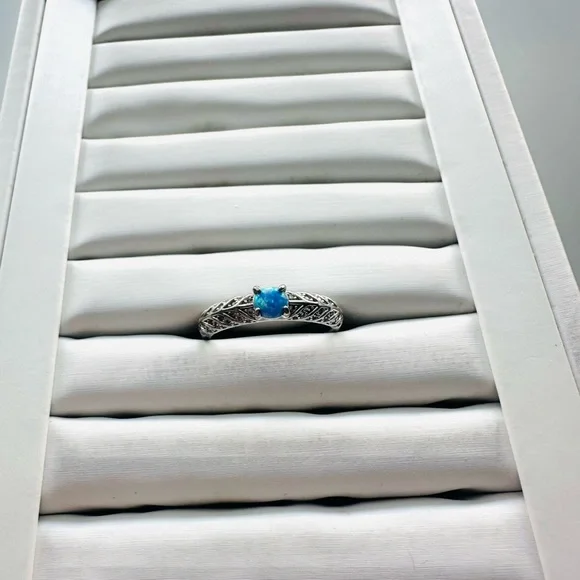 Bomb Party Silver Filigree Ring with Blue Opal Accent-Size 10 - Picture 3 of 3